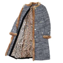 【極美品】DOLCE&GABBANA ドルチェアンドガッバーナ ロングコート ツイード ラビットファー アルパカ × ウール DG エンボス ボタン レオパードライニング ノーカラー アウター レディース サイズ 40 ネイビー系 紺系 イタリア製