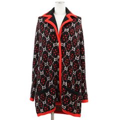 [신품 같은] GUCCI 구찌 니트 가디건 2018 년제 GG 스프림 알파카 × 울 타이거 호랑이 메탈 버튼 릴렉스 피트 로게이지 파이핑 재킷 코트 아우터 태그 버튼 포함 여성 S 블랙 레드 [중고]