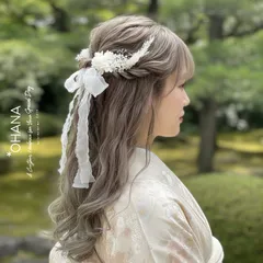 【特別な日をもっと可愛く】卒業式・成人式 ふんわりダブルリボンとお花の髪飾りセット 袴・振袖・結婚式・七五三 OHANA