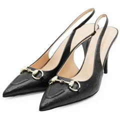 【未使用】GUCCI グッチ パンプス サイズ 38 レディース GGスプリーム モノグラム エンボス ホースビット ポインテッドトゥ スリングバック レザーソール シューズ 革靴 箱・袋付属 ブラック 黒 イタリア製のサムネイル