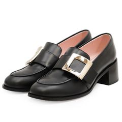 【未使用】Roger Vivier ロジェヴィヴィエ ヴィヴ ローファー レンジャー レザー ロゴ メタルバックル チャンキーヒール レザーソール シューズ 革靴 袋付属 レディース サイズ 36 1/2 ブラック 黒 イタリア製