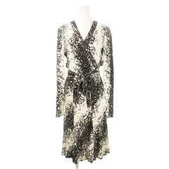ダイアンフォンファステンバーグ DIANE von FURSTENBERG ワンピース カシュクール ミモレ ロング 長袖 絹 シルク ストレッチ リボン モザイク 総柄 6 M 黒 ブラック /AH20 ■GY44のサムネイル