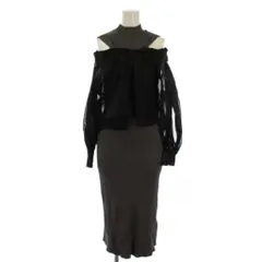 ナチュラルビューティーベーシック NATURAL BEAUTY BASIC シャツレイヤードニットワンピース ロング PS グレー 黒 017-4147340 /BM