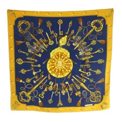 エルメス HERMES LES CLES カレ90 スカーフ シルク 総柄 ネイビー 紺色 イエロー 黄色 /MI ■OS ■OH
