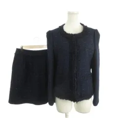 ロペピクニック ROPE Picnic セットアップ スカートスーツ ツイード 40 紺 ネイビー ラメ 長袖 ノーカラー /AO2 ■ECC001