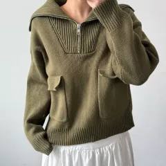 L ザラ カーキ ハーフジップ ニット