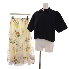 ミラオーウェン Mila Owen 25SS セットアップ 上下 短丈スキッパーポロニット スカート ロング 花柄 フレア 0 紺 ネイビー 白 ホワイト マルチカラー 09WN0252136 /YM