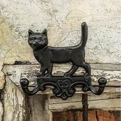 壁掛け フック 引っ掛け ダブルフック ウォールフック 猫 ネコ 動物 壁 装飾 アイアン アート 鋳鉄 おしゃれ アンティーク調 ヨーロッパ 玄関 アクセサリー雑貨 キャット オーナメント ウォールデコ