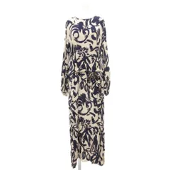 ザラ ZARA ワンピース L ホワイト ネイビー 抽象柄 長袖 ウエストリボン /ML ■GY06