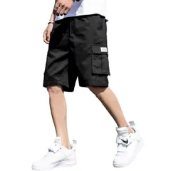 カーゴパンツ 快適 ショートパンツ メンズ ハーフパンツ 半ズボン ウエストゴム スポーツ シンプル 5分丈 ボトムス おしゃれ (JP, アルファベット, XL, ブラック) [ブラック] [XL]