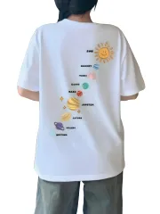 [ブブ オーハナ] Tシャツ フロント バック プラネット プリント カジュアル トップス レディース 半袖 T シャツ 女性 用 春 夏 秋 冬 ビッグ シルエット オーバー サイズ ドロップ ショルダー 風 綿 コットン  [ブラック] [XL] [標準]
