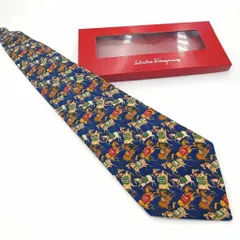 Salvatore Ferragamo フェラガモ シルクネクタイ 馬柄/総柄 ネイビー系 太剣幅9.5cm イタリア製 箱付き 美品 DEC-0080