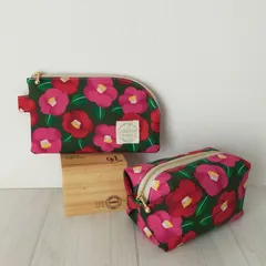 ハンドメイド　ファスナーポーチセット　キャラメルポーチ　ボックスポーチ　L字ポーチ　可愛い　和柄　椿　花柄　プレゼント　贈り物