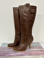 NINE WEST ナインウエスト レザーロングブーツ 7.5M 約24.5cm ブラウン サイドジップ ベルトデザインのサムネイル