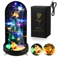 【笑顔咲ク 枯れない花 光る花 クリスマス 】造花 スノードーム バラ ミニ ForeverFlowers 卓上 [クリスマス仕様オーロラライト クリスマスツリー USB電池両用]