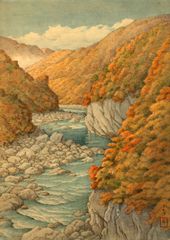 油絵】佐間田敏夫「秋粧の渓・朝日川(山形県朝日町)」共タトゥー箱