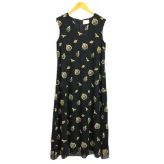 グレースクラス GRACE Class ワンピース ノースリーブ フレア ロング 刺繍 38 黒 ブラック ゴールド