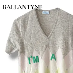 BALLANTYNE CASHMERE バランタイン カシミヤ100% 半袖 ニット セーター Vネック ライトグレー 40 Lサイズ相当 レディース 英国製 アーガイル てんとう虫 インターシャ 編み 最高級 上質素材 希少 0001210OC