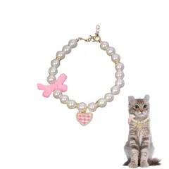 Sunny Glow ペット 首輪 フェイクパール ネックレス 猫 小型犬用 リボン チェック柄 ハート チャーム付き ラインストーン 調節可能 アクセサリー (ピンク, XS) [ピンク] [XS]