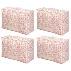 新品 アストロ 100L 大きいバッグ 収納ケース 4個組 通気性の良い不織布製 引越しバッグ 収納袋 収納バッグ 布団袋 布団収納 衣類収納 衣装ケース 大容量 持ち手付き 透明窓付き チューリップ柄 168-04