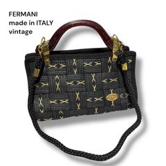【タイトル】 FERMANI イタリア製 ヴィンテージ ハンドバッグ 編み込み ゴールド柄 レトロ ミニバッグ