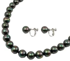 黒真珠 ネックレス イヤリングセット10mm・ピーコック系カラー/黒蝶貝パール10.0ミリアップ45センチサイズ＜日本製＞