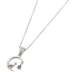 三日月と猫の誕生石 シルバー925製 キュービックジルコニア 天然石 ネコ ムーン バースデーストーン 大人かわいい にも ネックレス レディースエメラルド