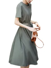 ワンピース レディース 夏 ドレス 半袖 ロングワンピース 丸首 リボン付き Aライン フレア 体型カバー おしゃれ きれいめ カジュアル