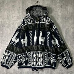 希少 ネパール製 ニット パーカー 裏地フリース ネイティブ柄 黒 茶 