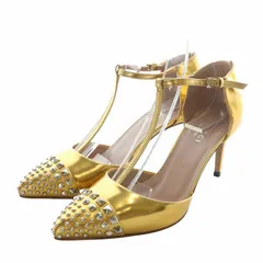 グッチ GUCCI パンプス レザー ポインテッドトゥ ハイヒール スタッズ ストラップ 34 21cm ゴールド色 /XZ ■GY17