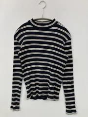 UNIQLO ユニクロ Tシャツ/カットソー M ネイビー ボーダー柄 ミドル丈 長袖 タートルネック/ハイネック