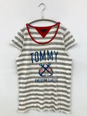 TOMMY HILFIGER トミーヒルフィガー Tシャツ/カットソー S グレー Uネック 半袖 ミドル丈 ボーダー柄 前面プリント ブランドロゴ
