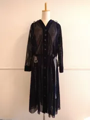 CHERIE メッシュ プリーツ ワンピース ロング カーディガン コート 羽織 シェリー ネイビー