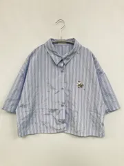 ESTACOT エスタコット シャツ/ブラウス L スカイブルー ストライプ柄 ワンポイント 刺繍 ショート丈 半袖 レギュラーカラー