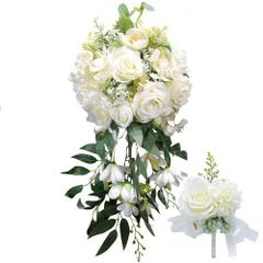 新品 ウエディングブーケ ブートニア 花嫁ブーケ バラ キャスケードブーケ ローズ ブライダル 花束 造花 欧米風 挙式 結婚式 パーティー ニ次会 撮影 (ホワイト)