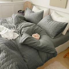 新品 布団カバーセット シアサッカー生地 シングル ダブル 寝具カバーセット 3点セット 掛け布団カバー ボックスシーツ 枕カバー 可愛い 柔らかい 快適 通気性 速乾タイプ 丸洗い オールシーズ（シングル3点セット、ダークグレー）
