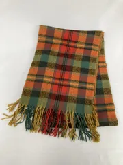 マフラー オレンジ ウール・ニット チェック柄 フリンジ