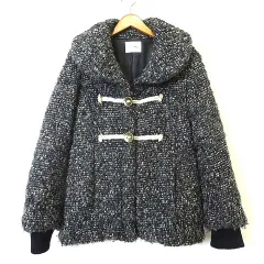 シューラルー SHOO・LA・RUE コート ジャケット ツイード ブークレー ウール ビッグカラー ジップアップ リブ 長袖 M 黒 ブラック グレー 白 ホワイトのサムネイル