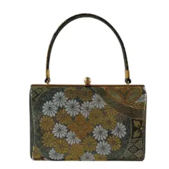 【美品】 和装バッグ 優品 フォーマル 金鷲 菊 麻の葉 金糸 箔 茶緑色 正絹 和装小物  【中古】