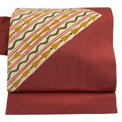 名古屋帯 優品 よろけ縞 幾何学模様 縮緬 茜色 正絹 【中古】