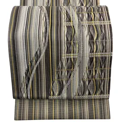 【美品】 袋帯 名品 縞 幾何学 金銀糸 灰茶 六通 正絹 【中古】