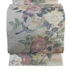 【美品】 袋帯 秀品 関西仕立て 枝花 鳥 箔 灰白 六通 正絹 【中古】