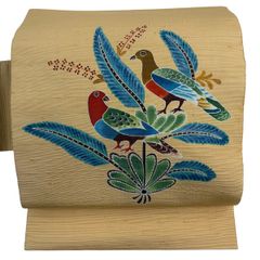 【美品】 名古屋帯 秀品 八寸名古屋帯 鳥 草花 薄オレンジ 正絹 【中古】