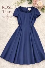 Rose Tiara ローズティアラ フラワーネック フレアワンピース ネイビー 半袖ワンピース サイズ40 上品 きれいめ セレモニー 通勤 レディース