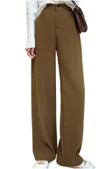 [ネコート] ロングパンツ レディース スラックス ウエストゴム ハイウエスト ストレートパンツ 無地 カジュアル 春 秋 冬 ブラウン XL NC399BNXL [ブラウン] [XL]