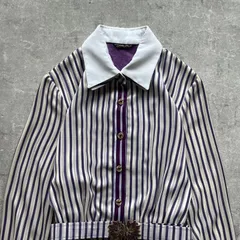 昭和レトロ パープル 縦ストライプ 花柄切替襟 ベルト付き ロングワンピース15号