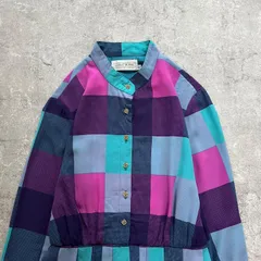 昭和レトロ チェック柄 スタンドカラー長袖ロングワンピース パープル×ブルー11号