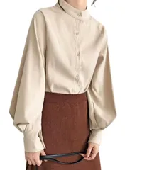 [Four leaf] 立ち襟 ブラウス レディース バルーン袖 長袖 シャツ トップス 無地 シンプル きれいめ 体型カバー オフィス カジュアル 通勤 フォーマル 秋 冬 春 大人 可愛い おしゃれ 着回し 洗える M L XL (J [ベージュ] [M]