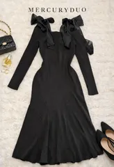 MERCURYDUO マーキュリーデュオ リブニットロングワンピース ブラック 肩リボン マーメイドワンピ オフショル風 レディース