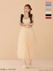 アイボリー  fm3463【ROBE de FLEURS/ローブドフルール】ボリュームチュール/ ショルダーリボン/ フレア/ ミディアムドレス/ キャバドレス/ ロングドレス/ AngelR/ エンジェルアール/ andy / アンディ